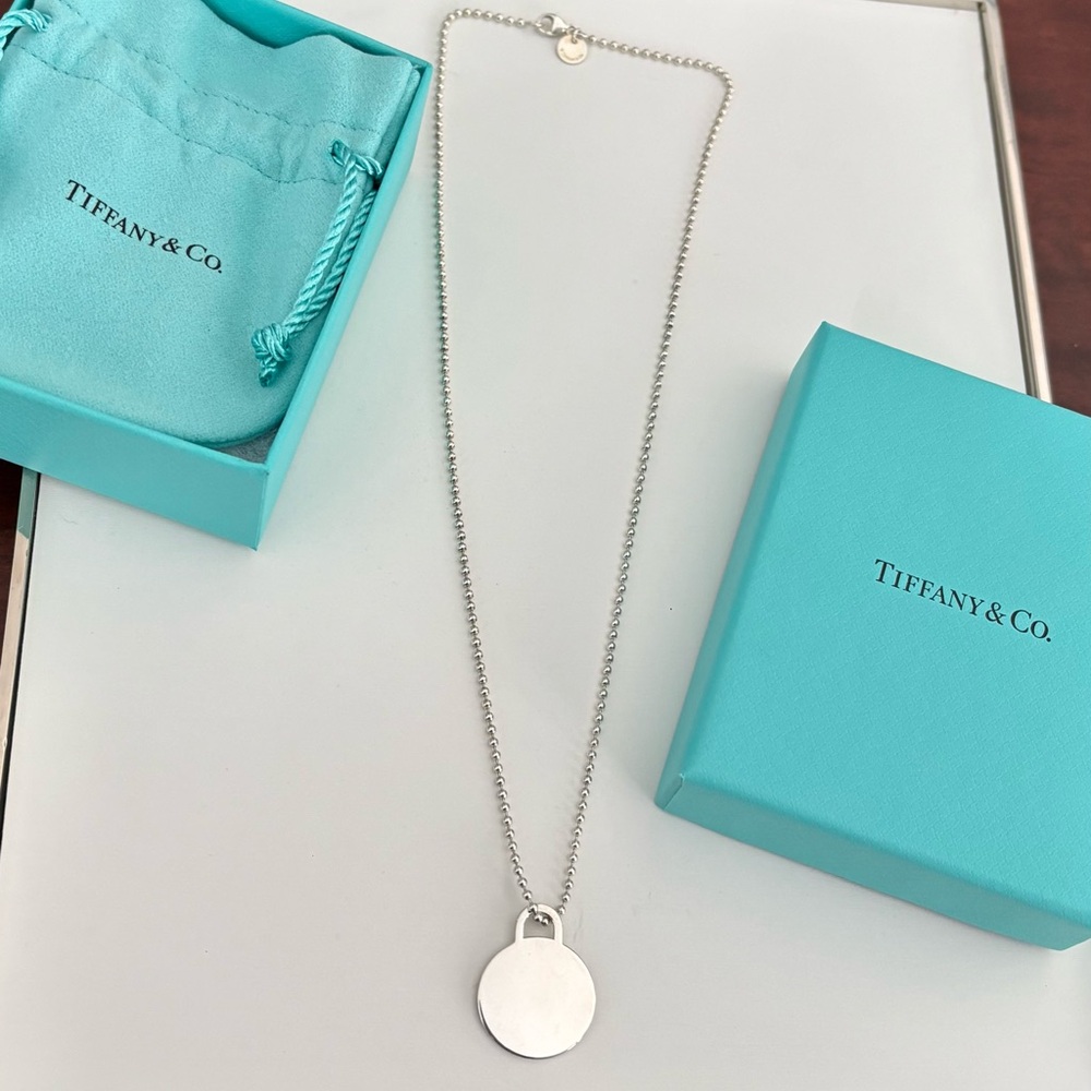 Tiffany & Co. Round Tag Pendant Necklace on Beaded Chain 18”, Sterling Silver